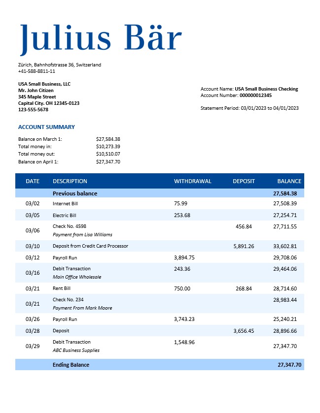 Déclaration d'entreprise de la Julius Baer Bank Modèle Word et PDF